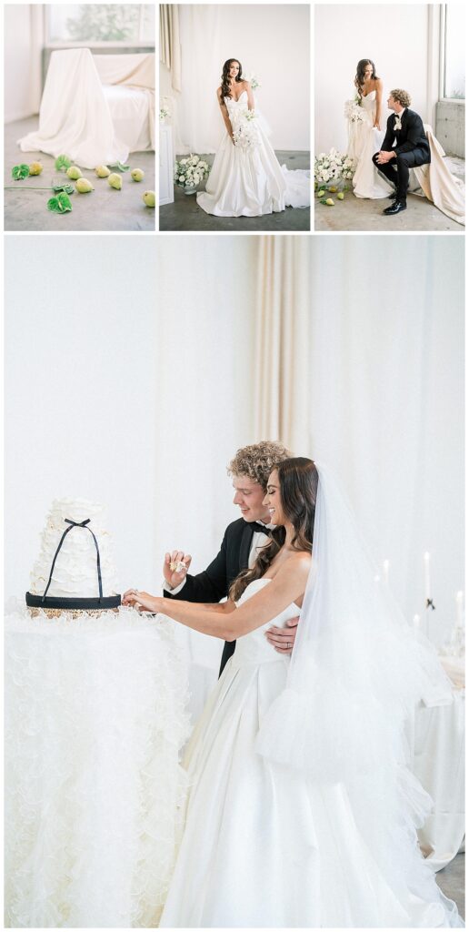 Elegant wedding at The Plant Venue in Jackson, MS, featuring a stylish couple and a white-tiered cake with black ribbon details.