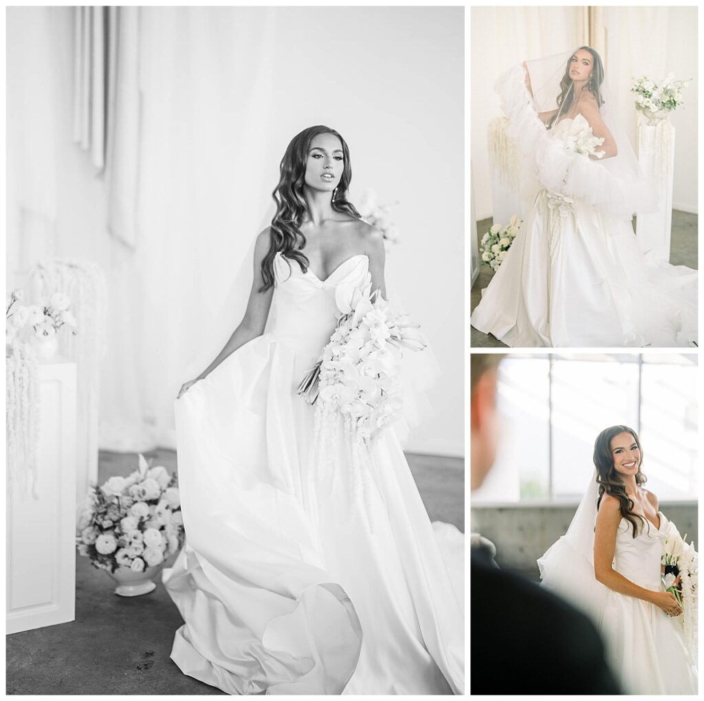 Bridal portraits at The Plant Venue in Jackson, MS featuring a bride in a satin gown with elegant white florals.