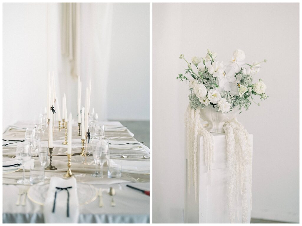 Elegant wedding details captured by a Mississippi Wedding Photographer Jessica Greene, featuring a modern tablescape and white floral arrangement.