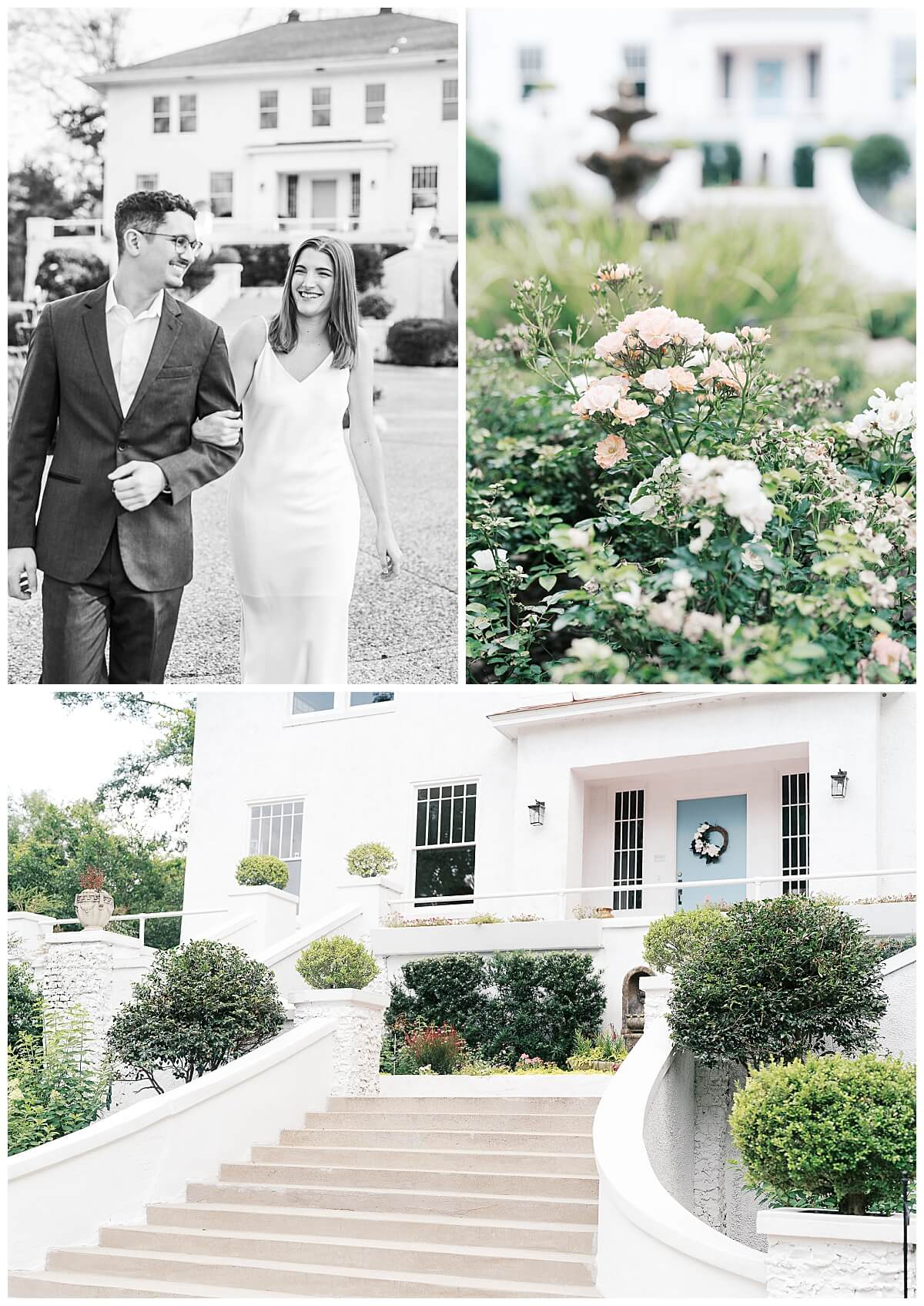 Elegant 3 image collage at The Crawford House in Hattiesburg, MS, featuring romantic moments, blooming gardens, and the venue’s stunning historic architecture.