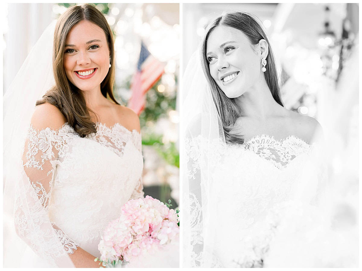 A bride poses for in her lacy winter wedding dress with a bouquet of pink hydrangeas outside the Fairview Inn.