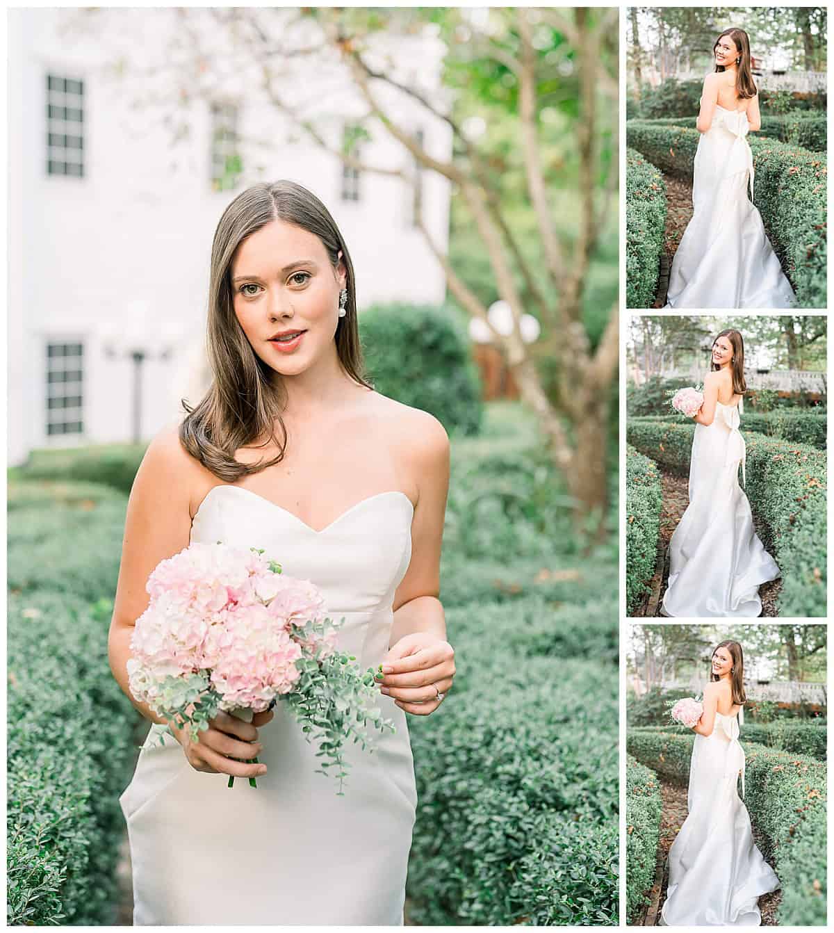 A brunette bride stares into the camera and holds pink hydrangeas outside a beautiful historic white venue.