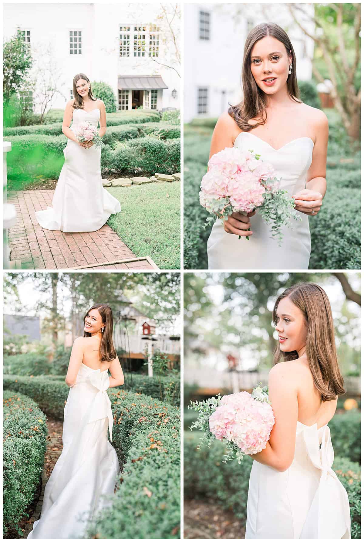 A collage of four images of a brunette bride holding a bouquet of hydrangeas in the beautiful art garden at the Fairview Inn. 