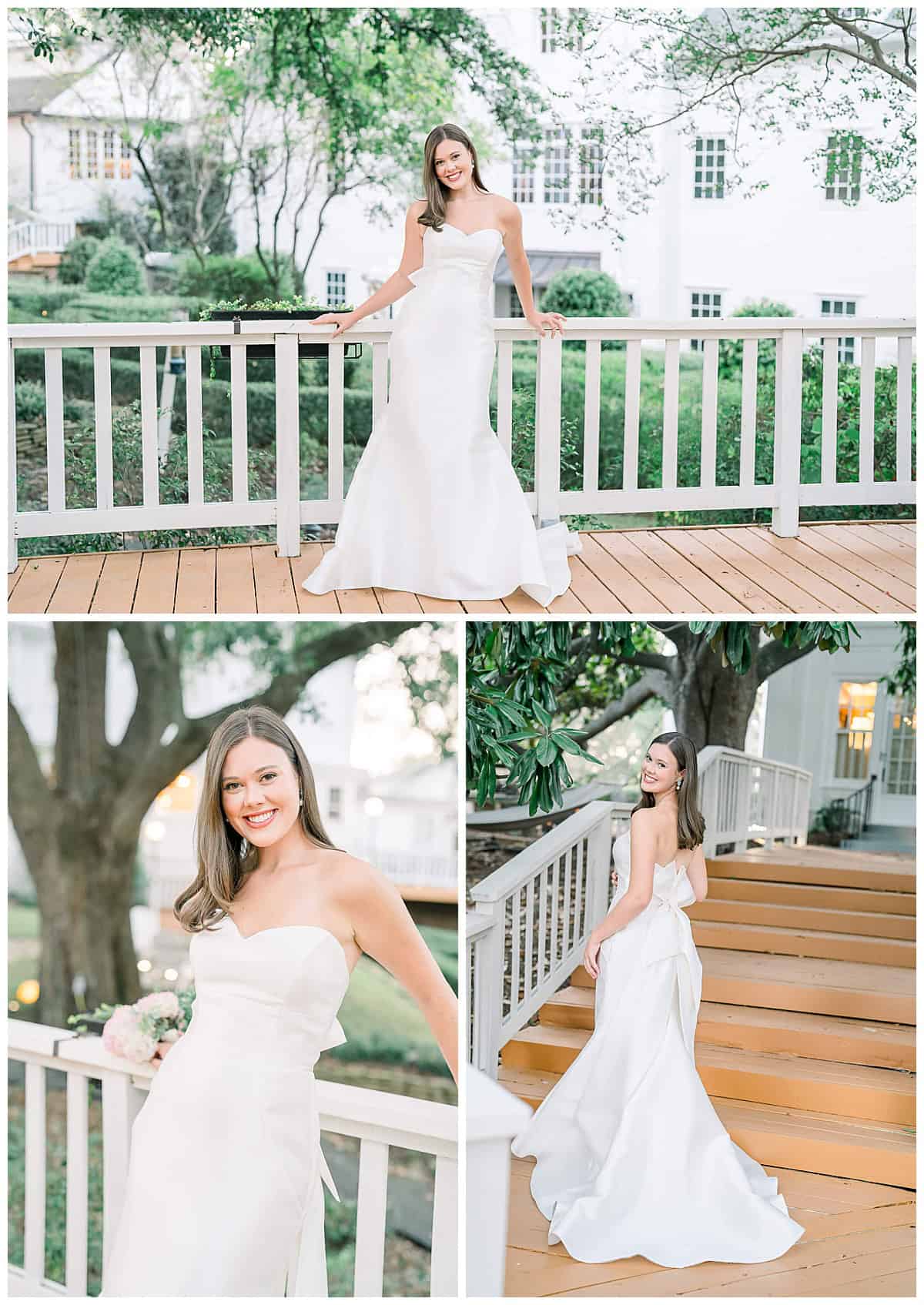 A trio of photos of a bride posing in her strapless white dress in the garden for a Fairview Inn Wedding.