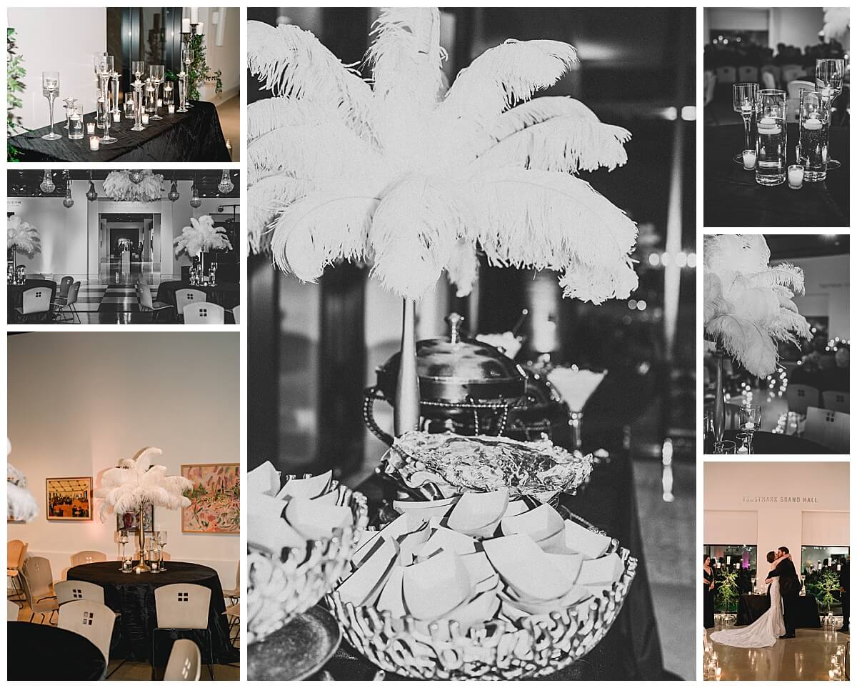 7 photo collage of Mississippi Museum of Art wedding with white feathers, glass candle holders and black tablecloths for a stunning New Year's Eve reception.