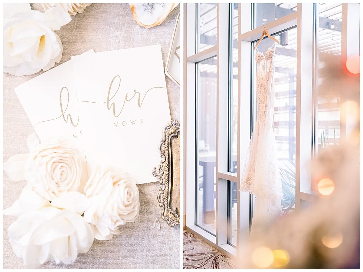 A two photo collage of wedding details, including vow boys and wedding dress, captured at the Westin Hotel in preparation for a New Year's Eve wedding.