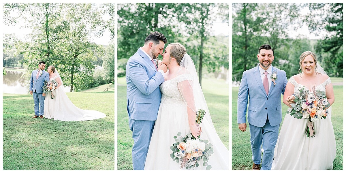 A 3 photo collage of a bride and groom at The Hideaway Wedding Venue, surrounded by trees, lush green grass, and a lake. 
