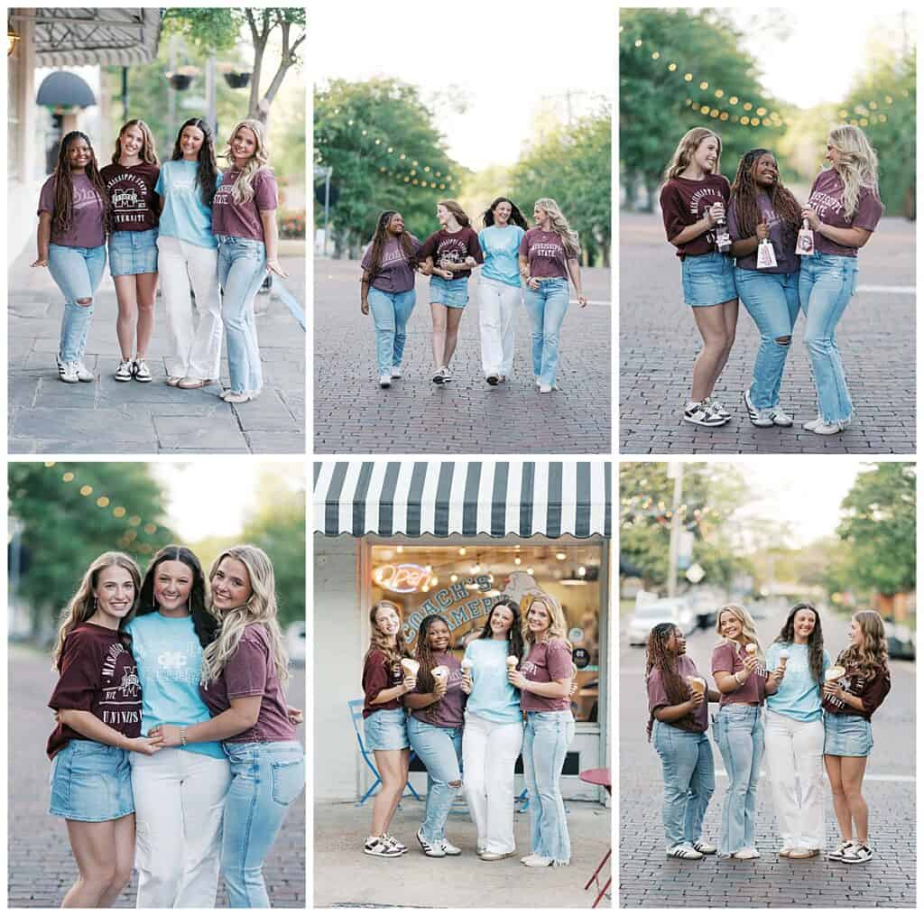 Senior girls wearing college t-shirts and celebrating their future plans in Old Towne Clinton, MS. 