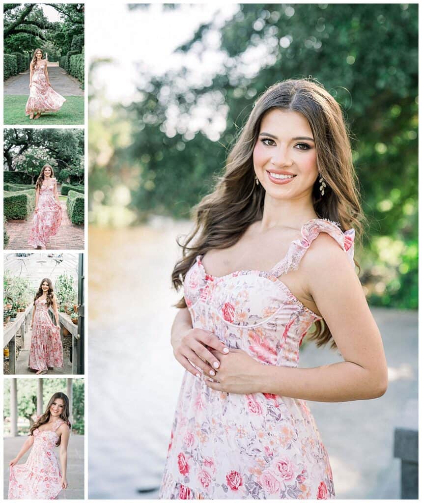 Senior girl posing in a floral dress during a New Orleans destination photoshoot, with Jessica Greene Photography.